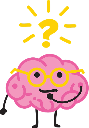 Illustration of a smiling pink brain wearing glasses under a question mark