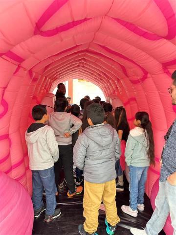 Students walking through the inflatable brain tunnel